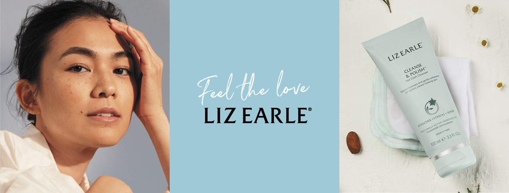 Three grid image with female model, product shot & Liz Earle Logo
