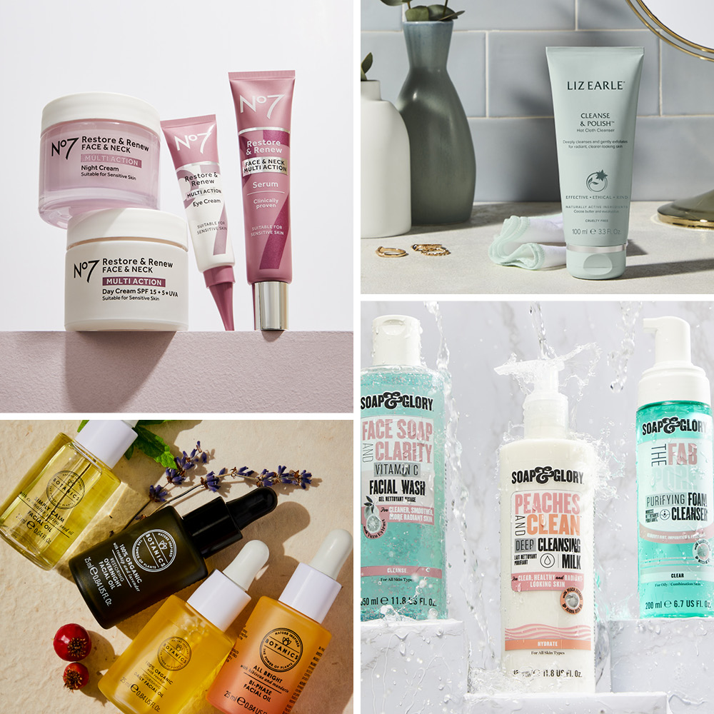 Grid image of No7, Liz Earle, Botanics and Soap & Glory Products