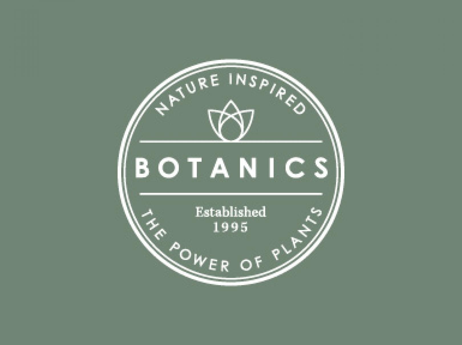 White Botanics Logo on Botanics Green Background