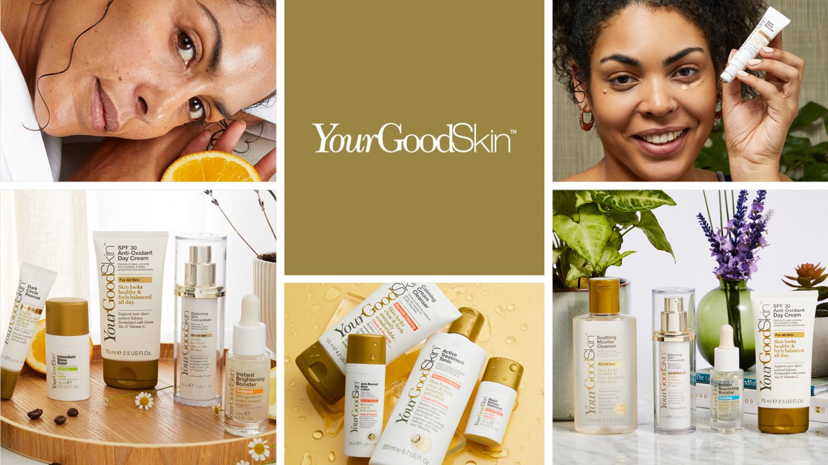 Grid image including Your Good Skin logo, models and product shots
