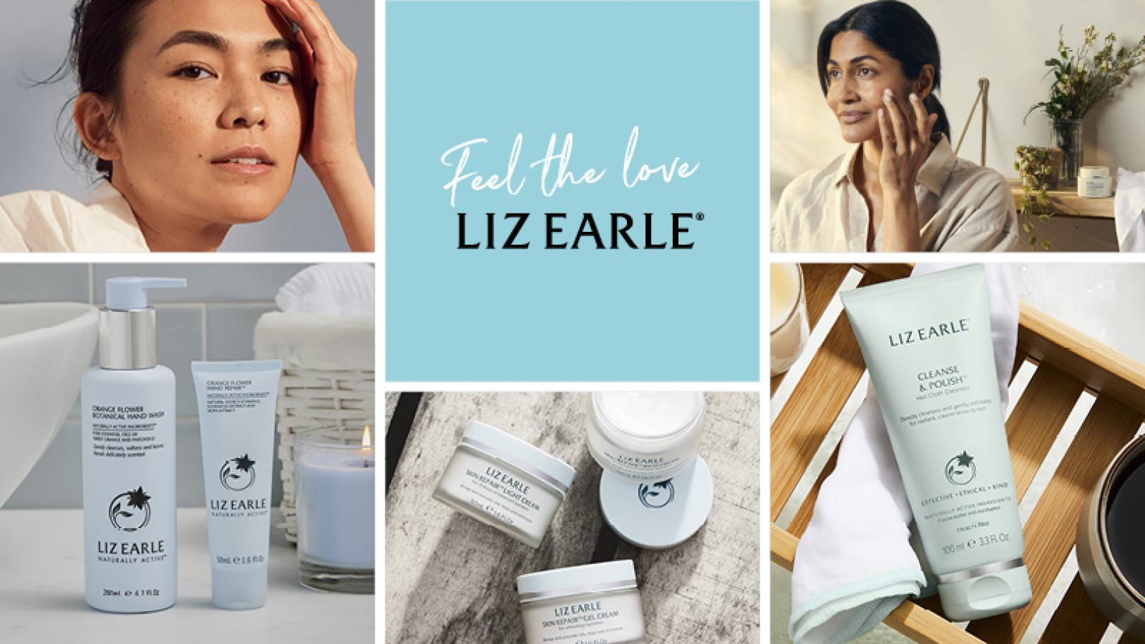 Grid image including Liz Earle logo, models and product shots