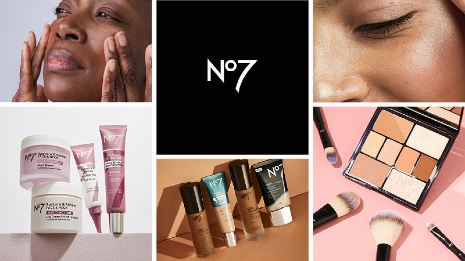 Grid image including No7 logo, models and product shots