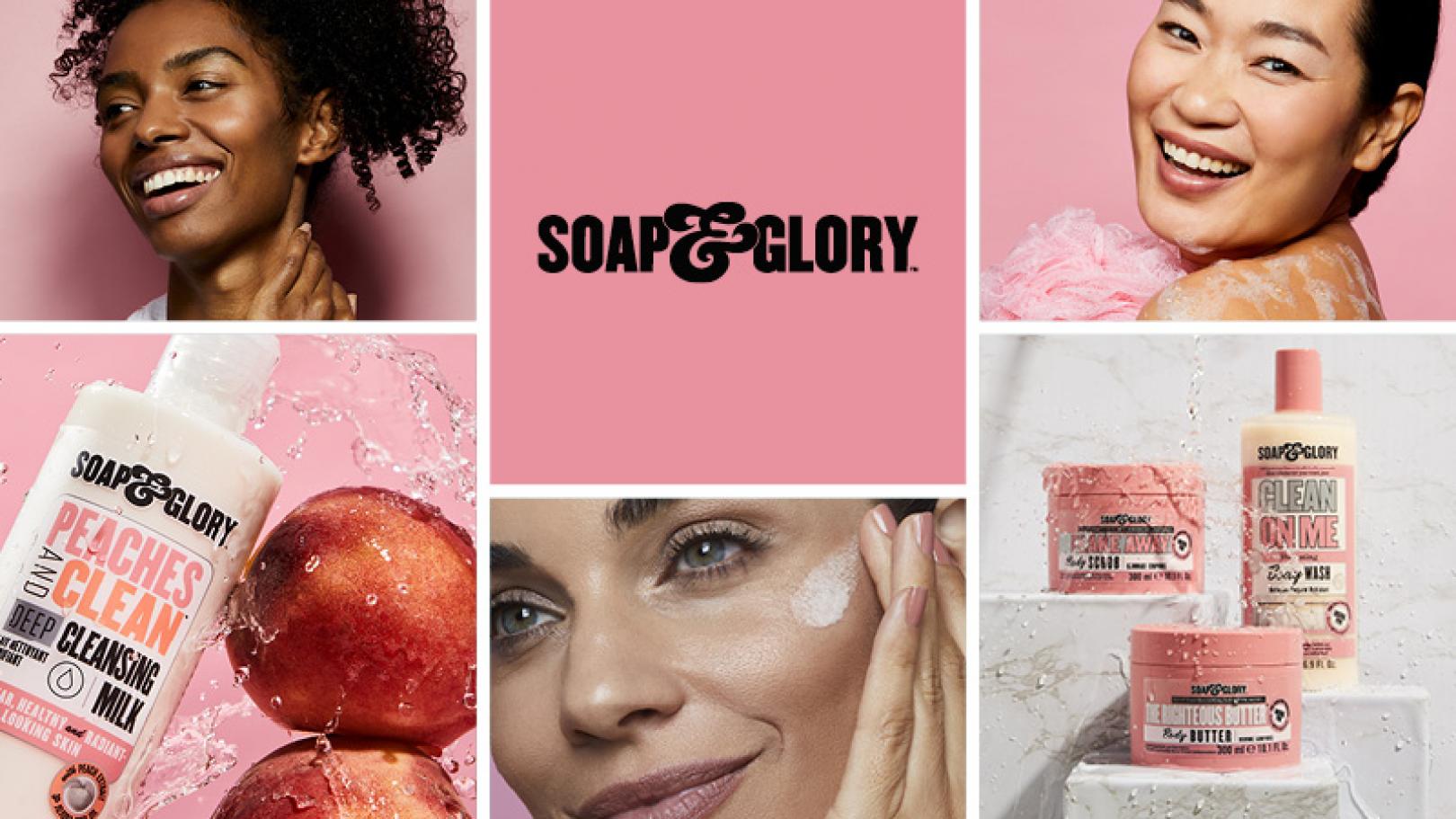 Grid image including Soap & Glory logo, models and product shots