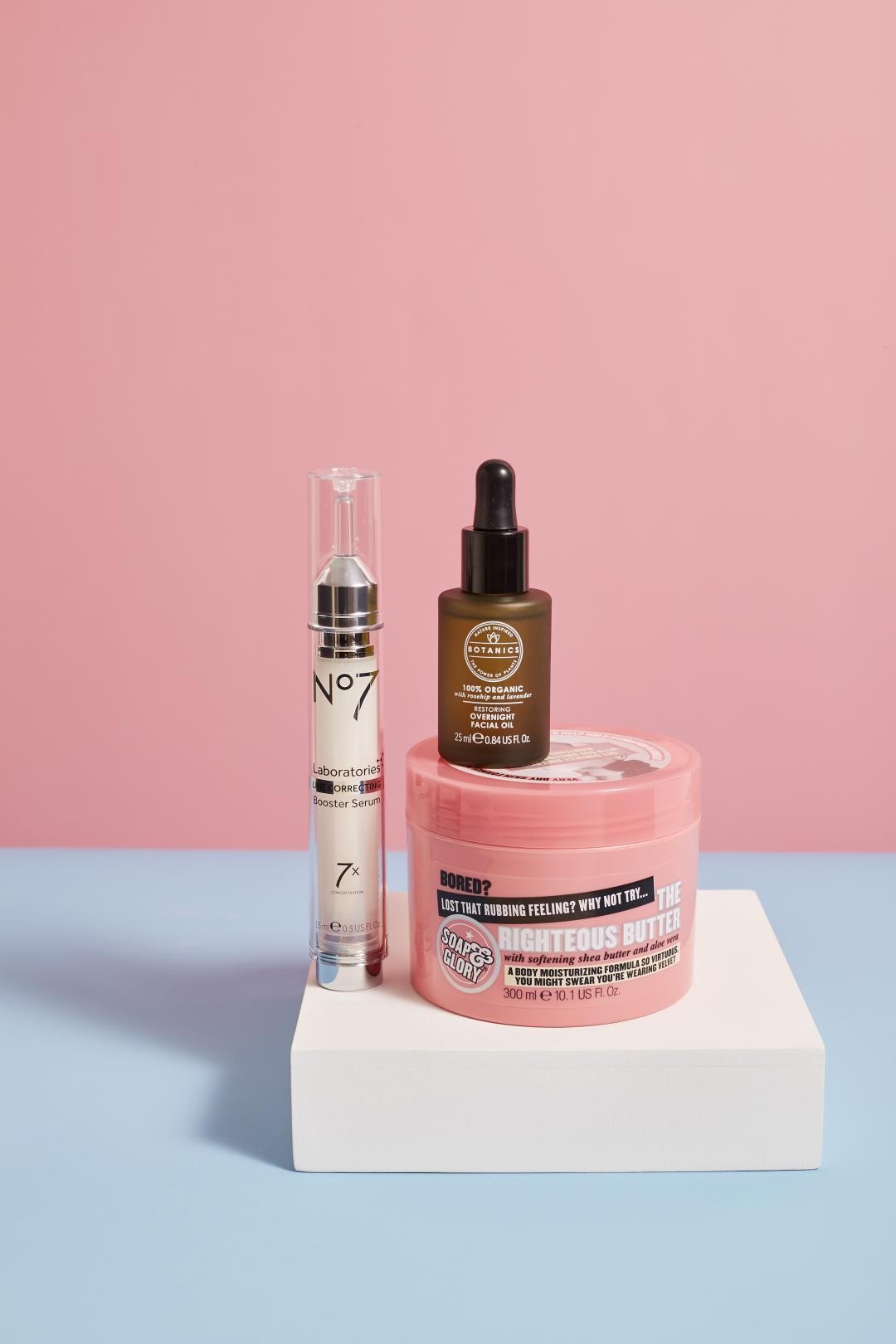 Group shot of products from US brands - No7, Botanics and Soap & Glory