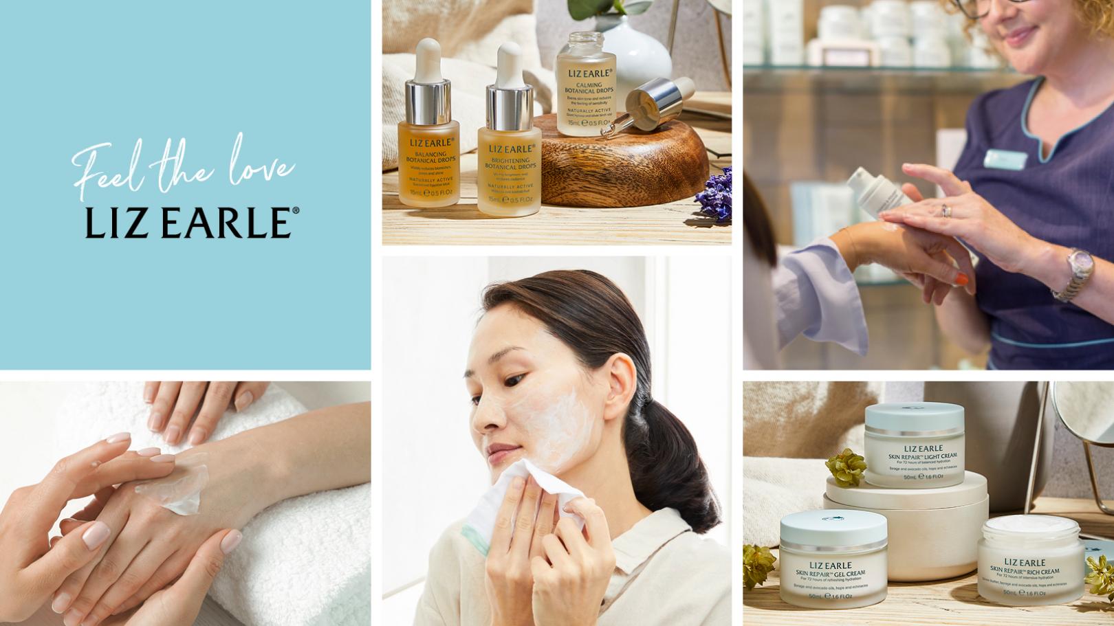 Grid image of Liz Earle logo, product and model shots