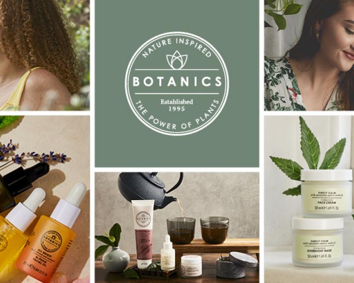 Grid image including Botanics logo, models and product shots