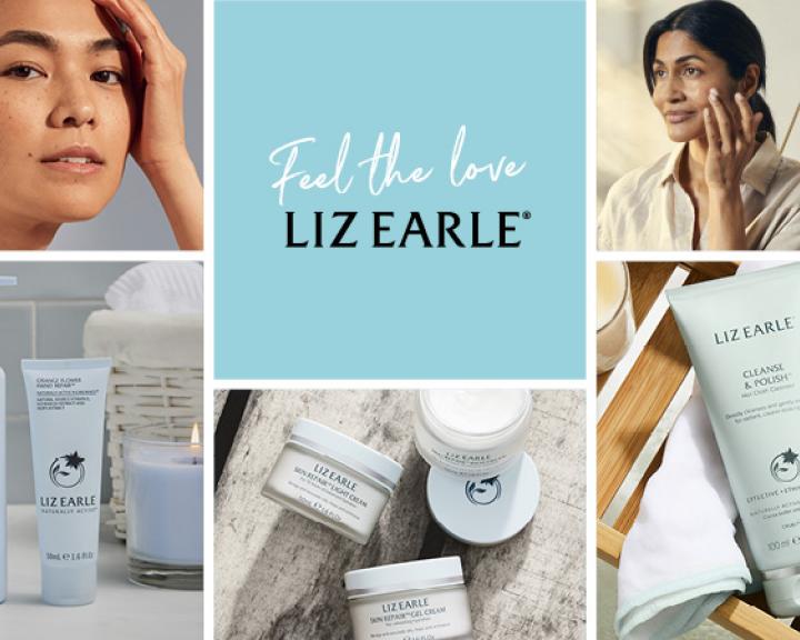 Grid image including Liz Earle logo, models and product shots