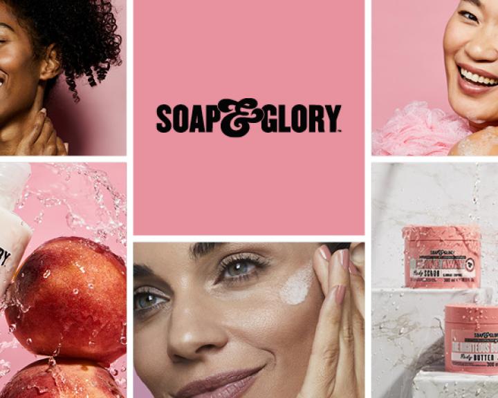Grid image including Soap & Glory logo, models and product shots