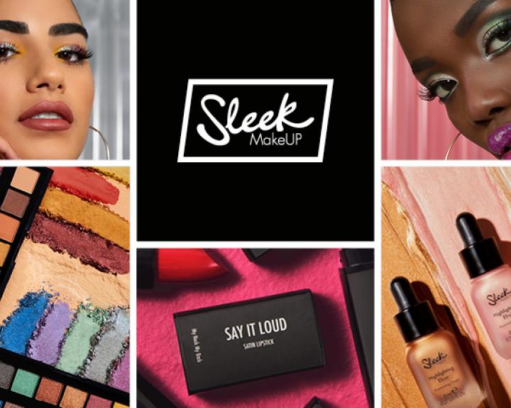 Grid image including Sleek logo, models and product shots