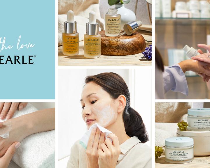 Grid image of Liz Earle logo, product and model shots