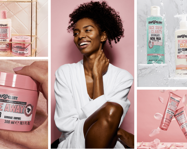 Grid image including Soap & Glory product and model shots